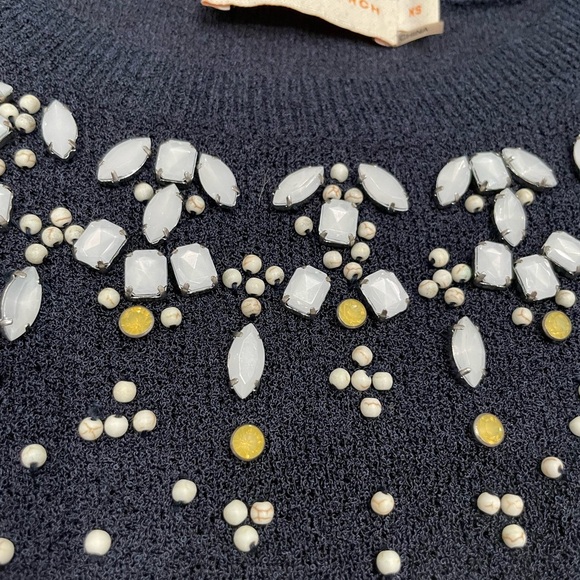 Tory Burch Pierce Short Sleeve Sweater Navy Blue Embellished Gems Beads Size XS - Picture 4 of 6